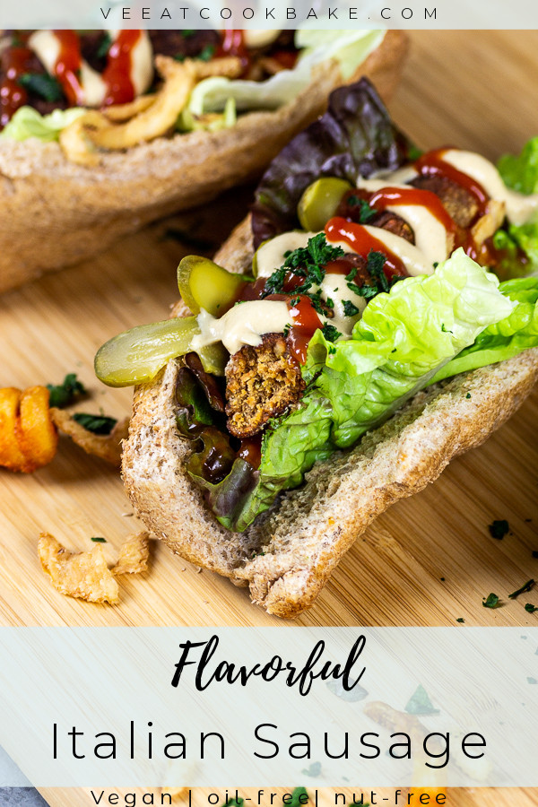 vegan italian sausage in a bun with text for pinterest