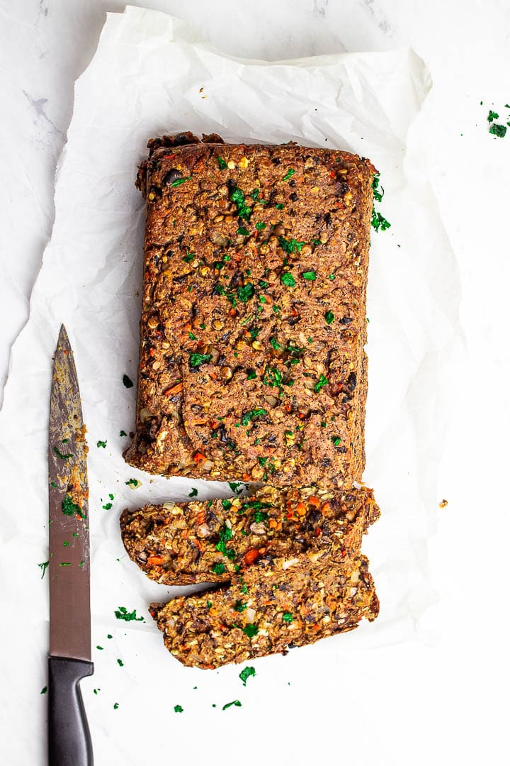 Gluten-free vegan meatloaf with lentils, black bens, mushrooms and oats