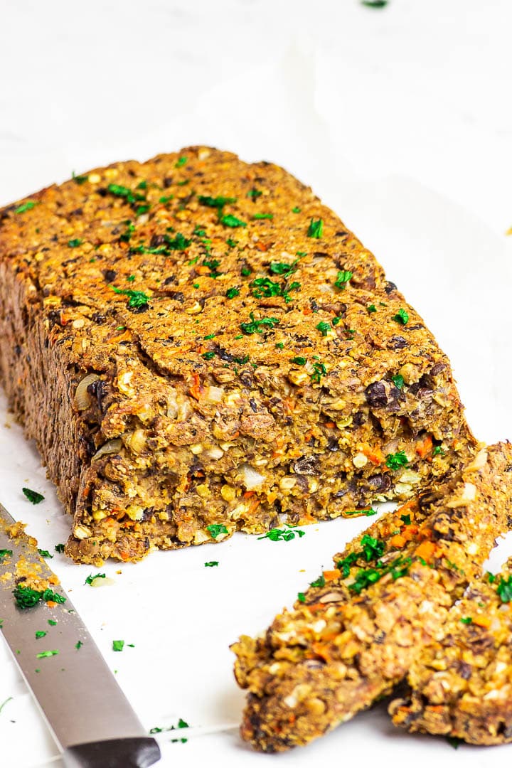 Gluten-free vegan meatloaf with lentils, black bens, mushrooms and oats