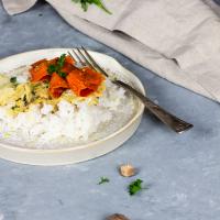 Veganer Rahmwirsing mit Karottenlachs und Reis
