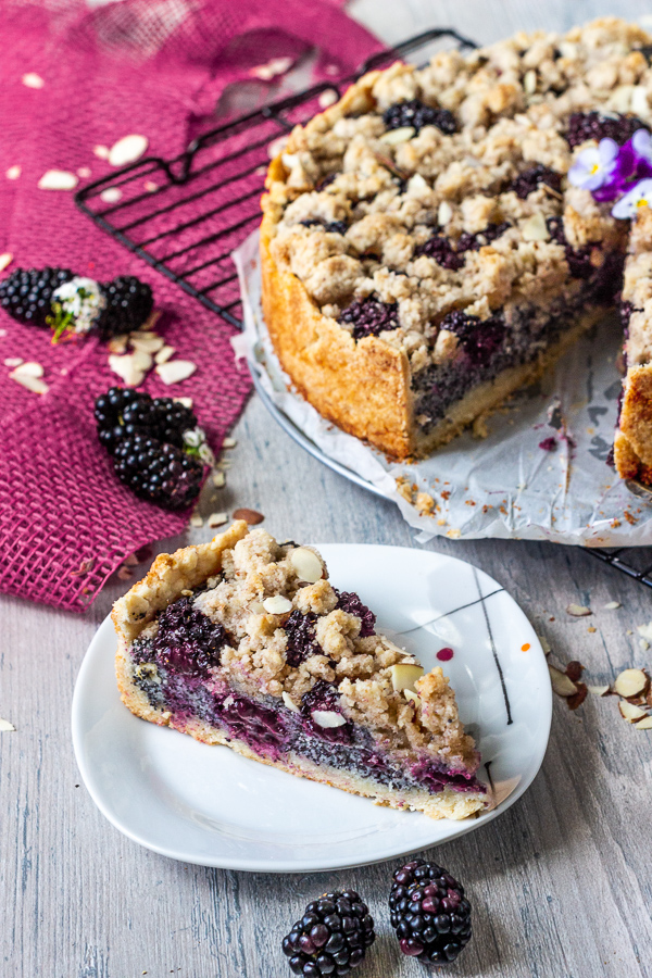 Vegan crumb cake with blackberries and poppy seeds