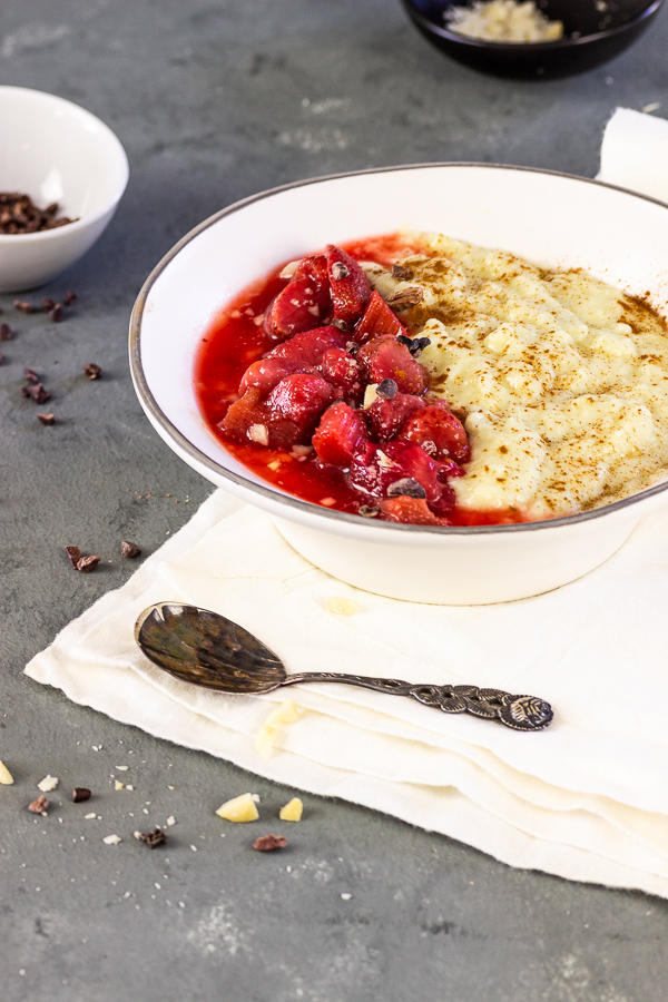 Dairy-free Semolina Pudding with homemade rhubarb strawberry sauce