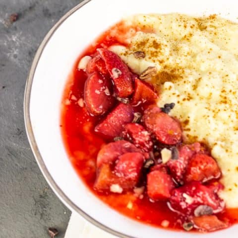 Vegan Semolina Pudding with homemade Rhubarb Strawberry Sauce