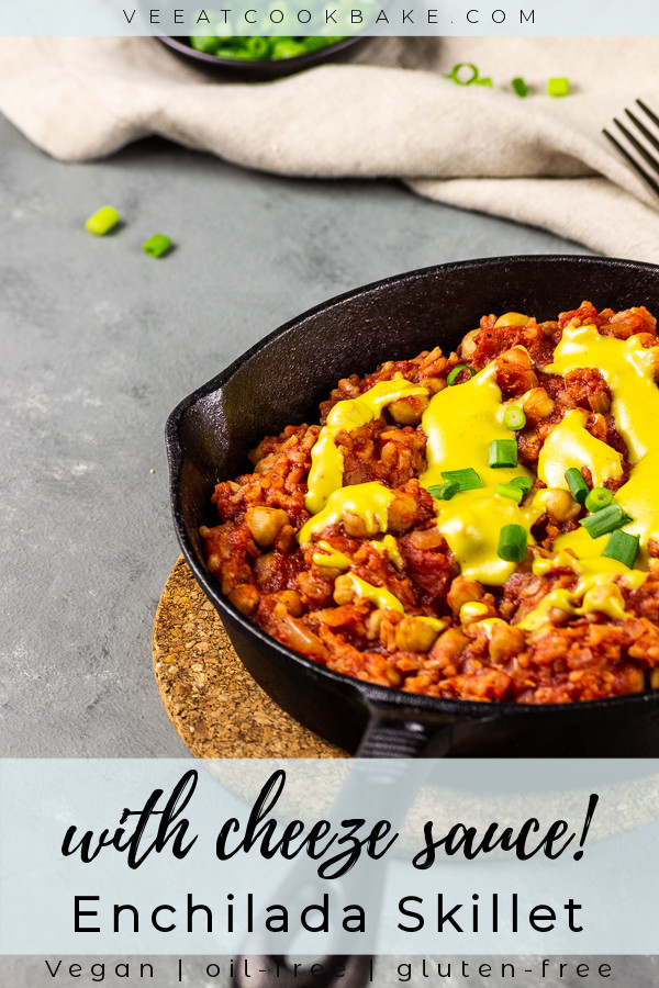 vegan enchilada skillet with rice and vegan cheese sauce