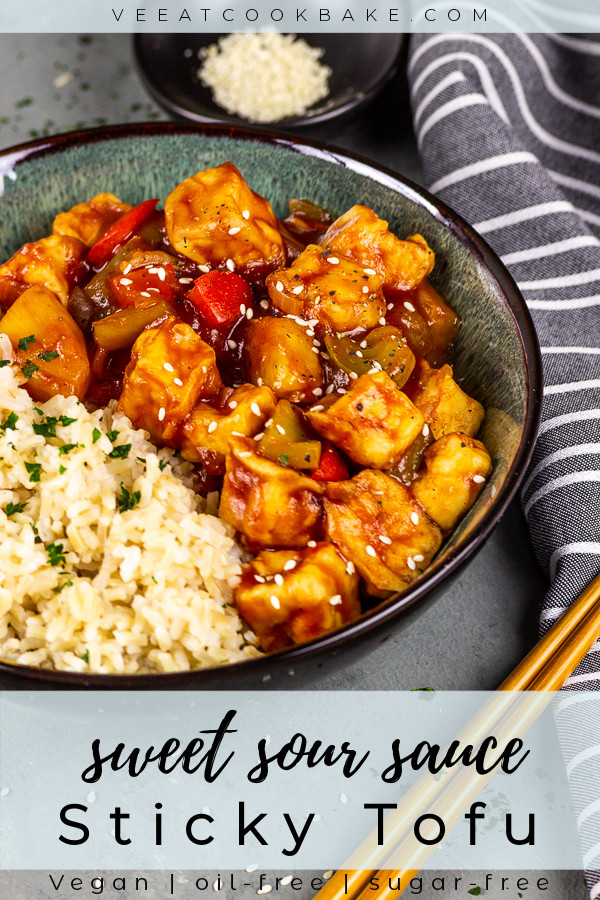 vegan sticky glazed tofu with rice in sweet sour sauce