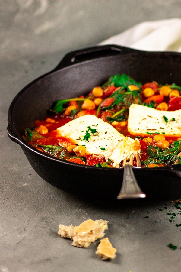 vegan feta chickpea skillet with spinach