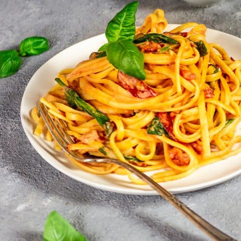 Creamy, vegan Pasta With Tomato Alfredo Sauce and Sun-dried Tomatoes and Spinach