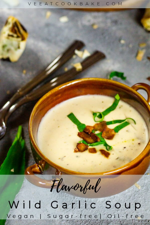 vegan wild garlic soup with coconut bacon-parsley-pinwheels