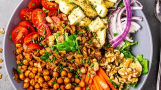 American, Vegan Cobb Salad with Oil-Free Tahini - Red Wine Vinegar - Dressing