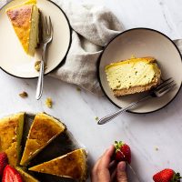 Easy Baked Vegan New York Style Cheesecake with Chunky Strawberry Sauce
