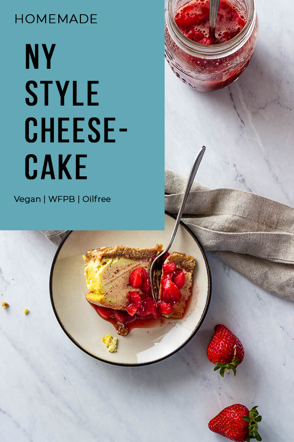 Vegan New York Cheesecake with chunky strawberry sauce wfpb