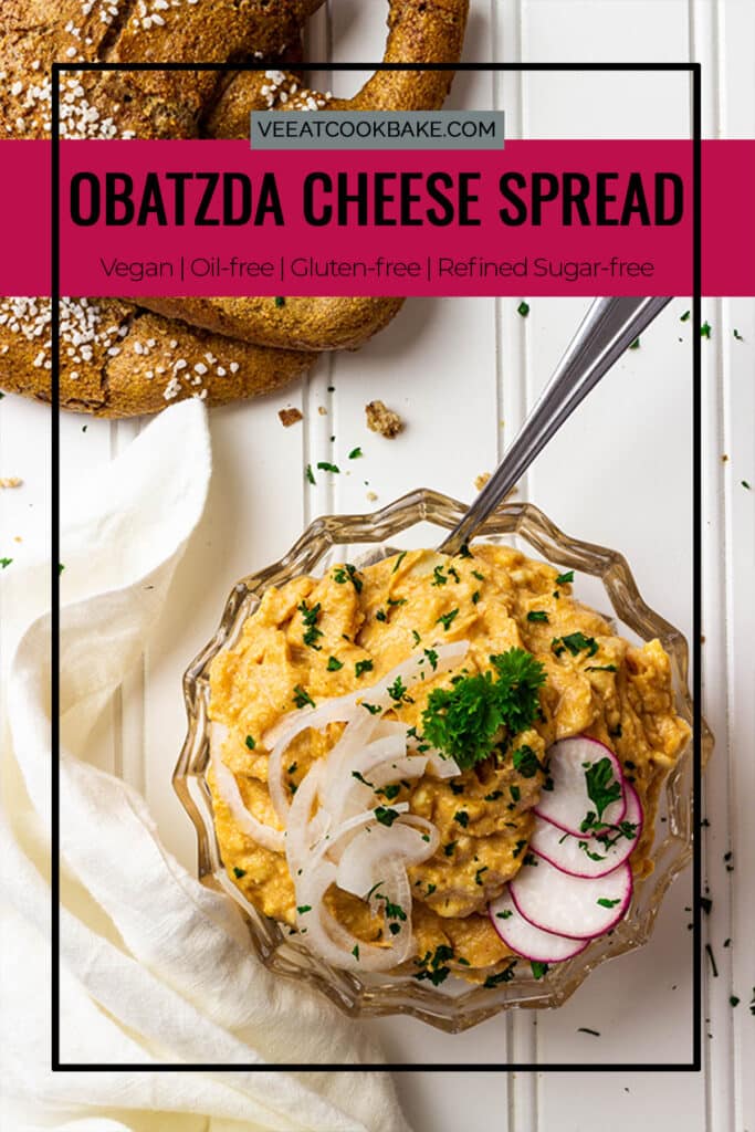 vegan obatzda, a wfpb cheese spread in a bowl with pretzels