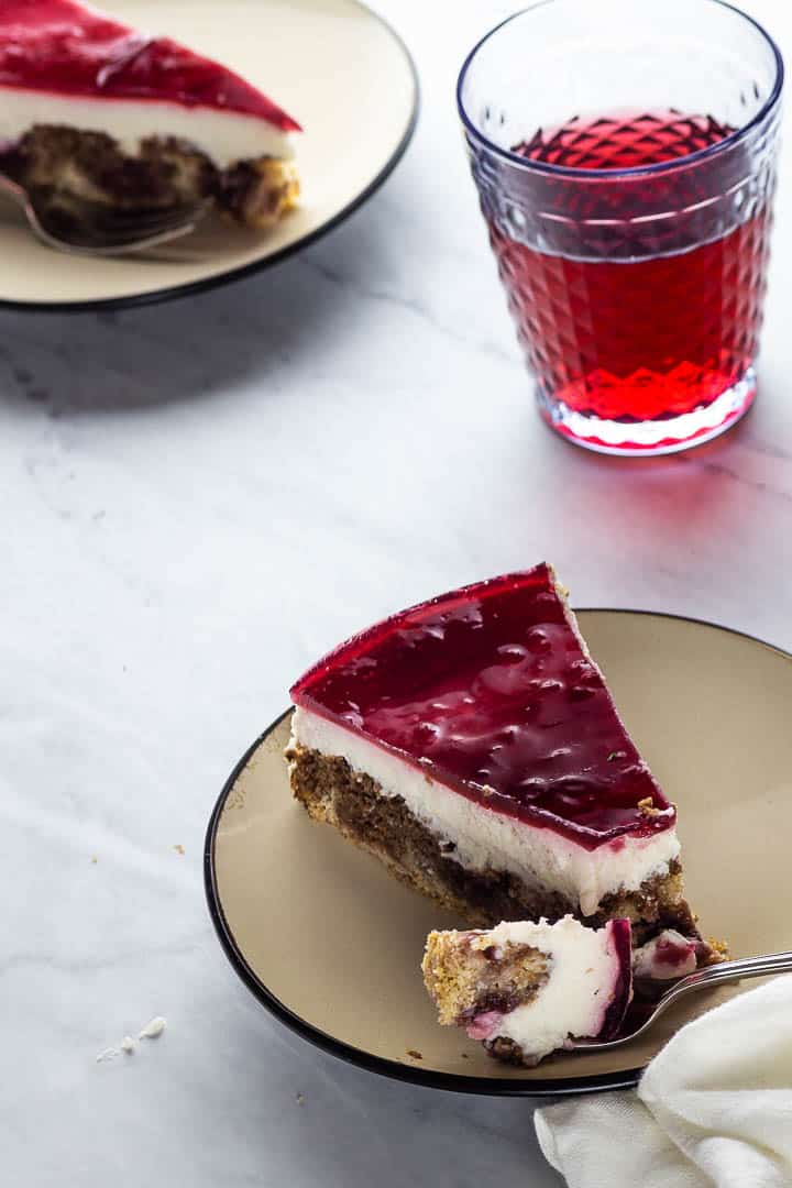 Vegan Chocolate Cherry Cheesecake with a Cherry Jello Topping