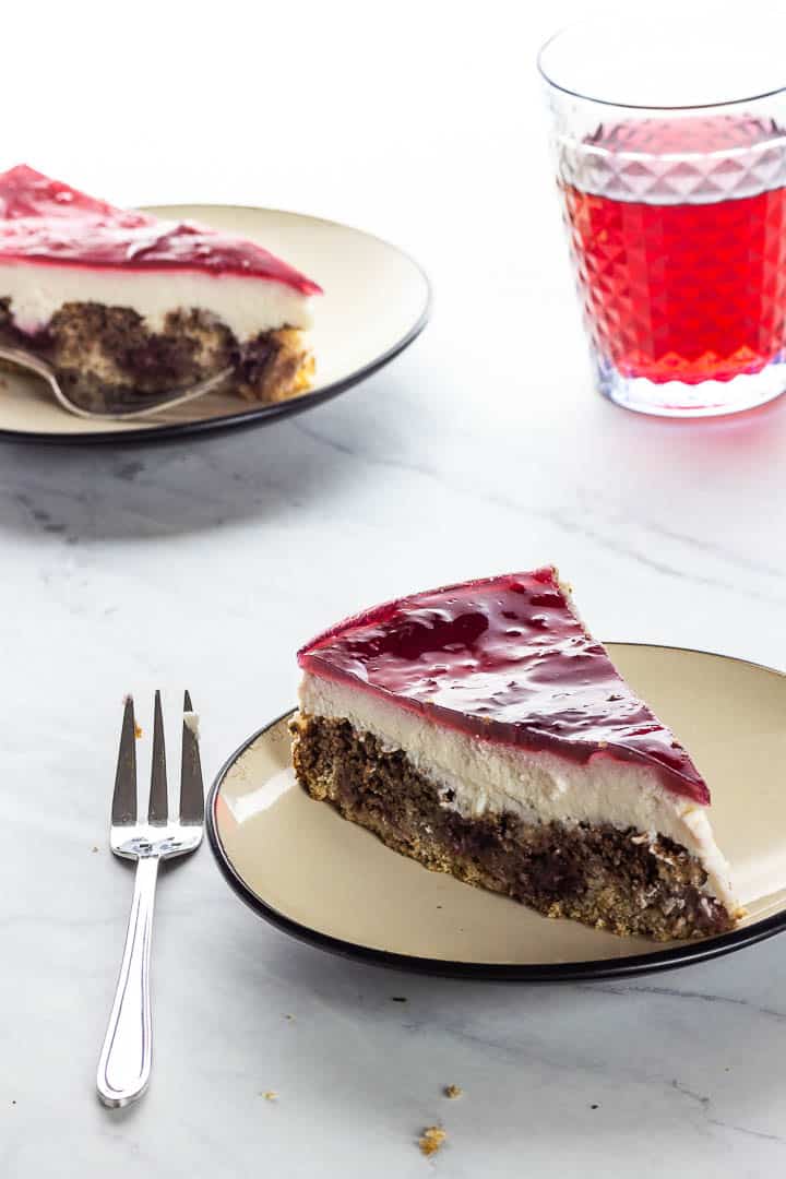 Vegan Chocolate Cherry Cheesecake with a Cherry Jello Topping