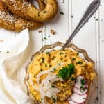 vegan obatzda, a wfpb cheese spread in a bowl with pretzels