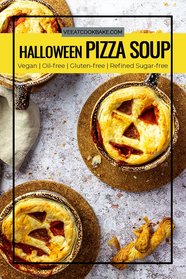 Vegan Pizza Soup for your next Halloween Party as an Appetizer or Main Dish.