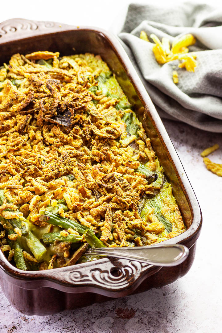 Vegan Green Bean Casserole with homemade Cambpell's cream of mushrooms and topped with homemade french fried onions (whole food plant-based)