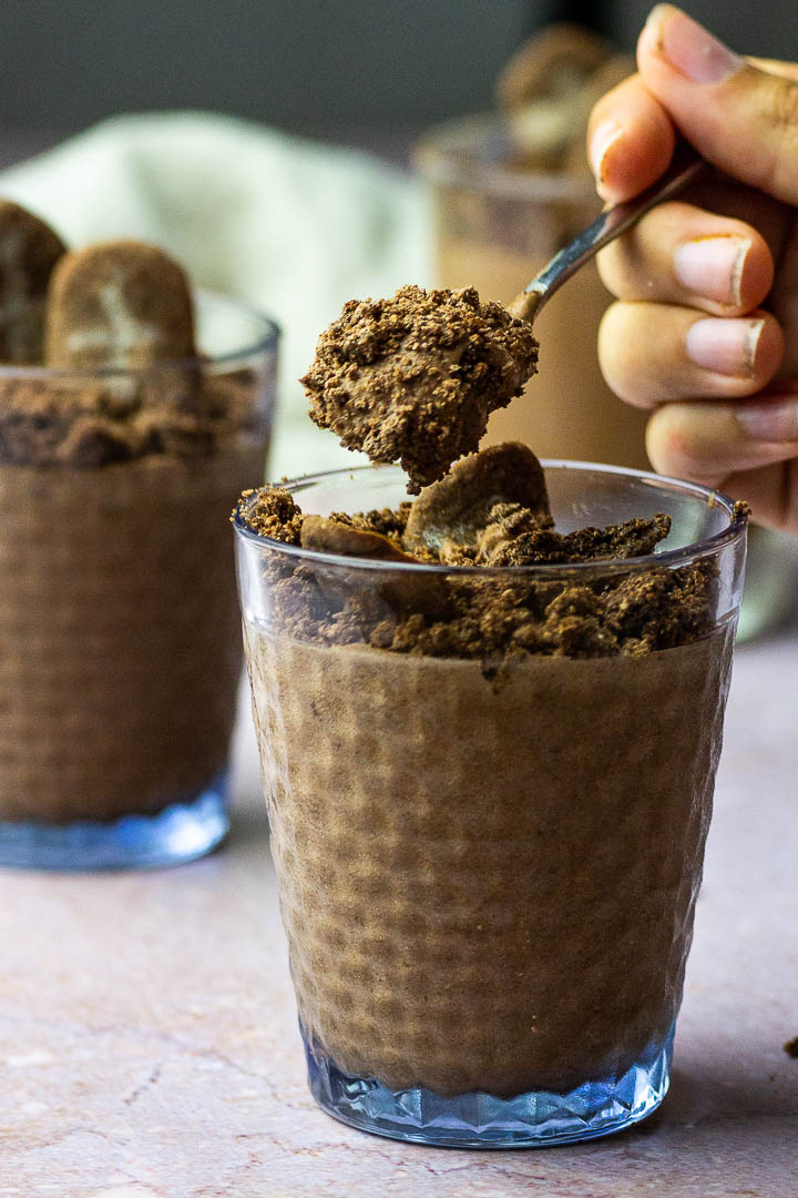 vegan Chocolate Mousse like dirt cup dessert for Halloween with Crumbs and Gravestones