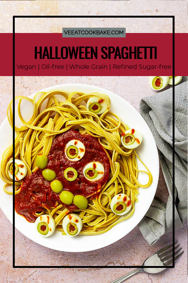 Vegan Dinner Idea for Halloween. Whole Grain Spaghetti with oil-free tomato sauce an veggie eyeballs