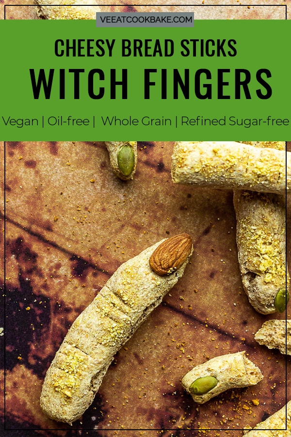 Halloween Bread Sticks in shape of witch fingers with vegan parmesan cheese and Almond / Pumpkin Seed Fingernails. Crunchy Fluffy Bread Sticks made of whole spelt / wheat pizza dough. Photo with text