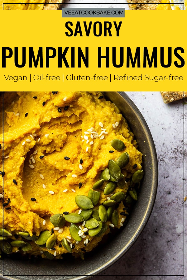 Savory Vegan Pumpkin Hummus with cooked Chickpeas, pureed Pumpkin, Mace, Nutmeg for a wfpb Dip or Spread. Perfect as an appetizer on Thanksgiving