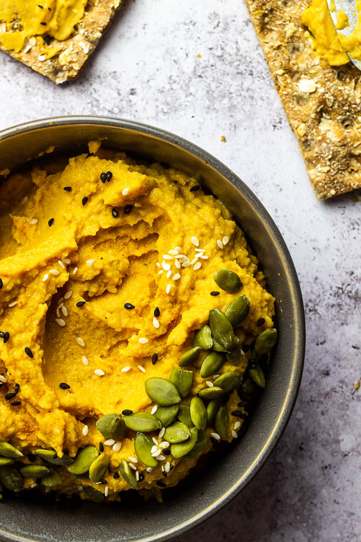 Savory Vegan Pumpkin Hummus with cooked Chickpeas, pureed Pumpkin, Mace, Nutmeg for a wfpb Dip or Spread. Perfect as an appetizer on Thanksgiving