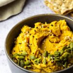 Savory Vegan Pumpkin Hummus with cooked Chickpeas, pureed Pumpkin, Mace, Nutmeg for a wfpb Dip or Spread. Perfect as an appetizer on Thanksgiving