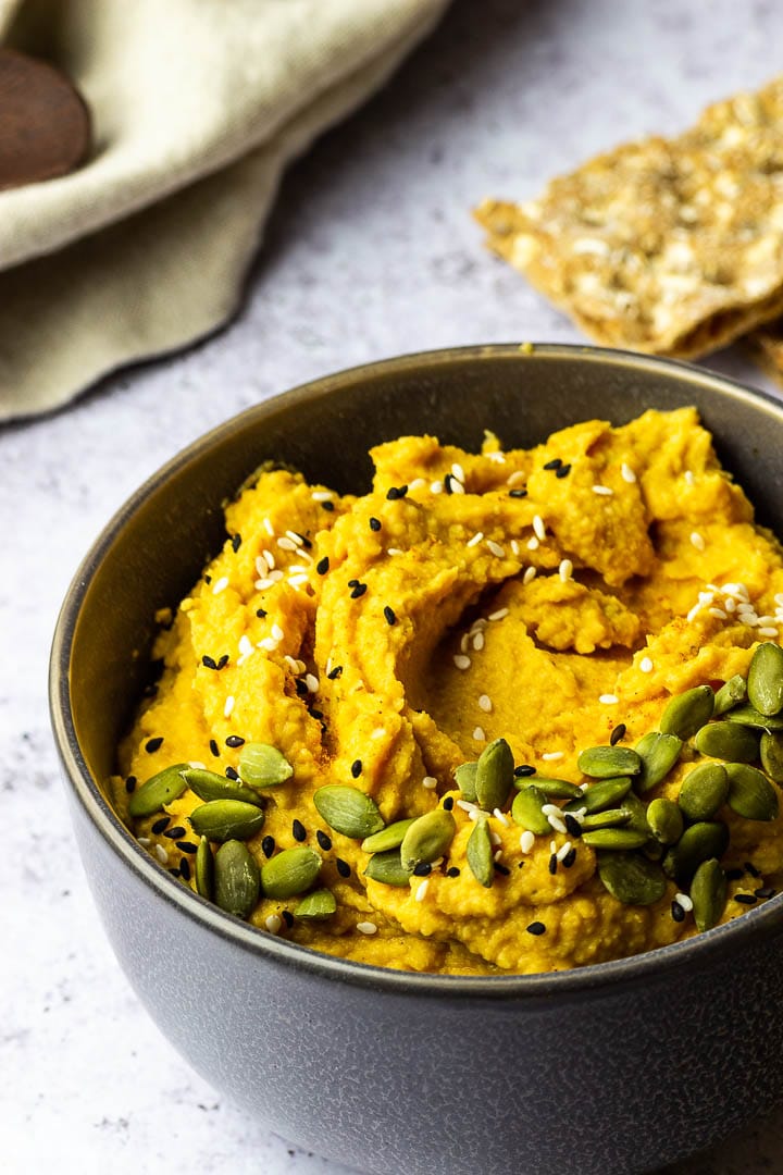 Savory Vegan Pumpkin Hummus with cooked Chickpeas, pureed Pumpkin, Mace, Nutmeg for a wfpb Dip or Spread. Perfect as an appetizer on Thanksgiving