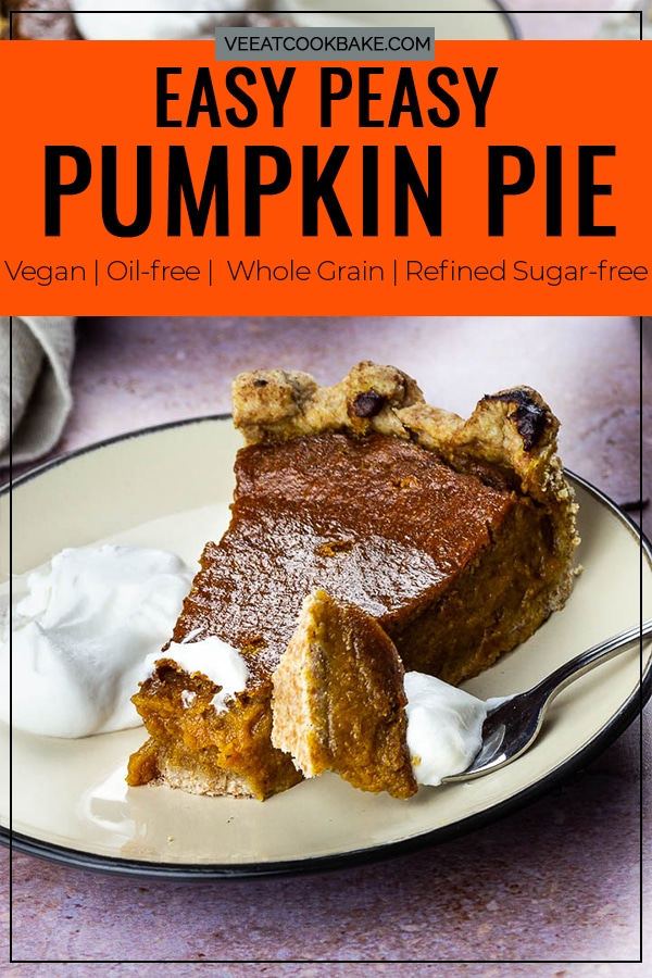 Vegan Pumpkin Pie Slice on a Plate with Whipped Coconut Cream for a Thanksgiving Dessert. Pin for Pinterest