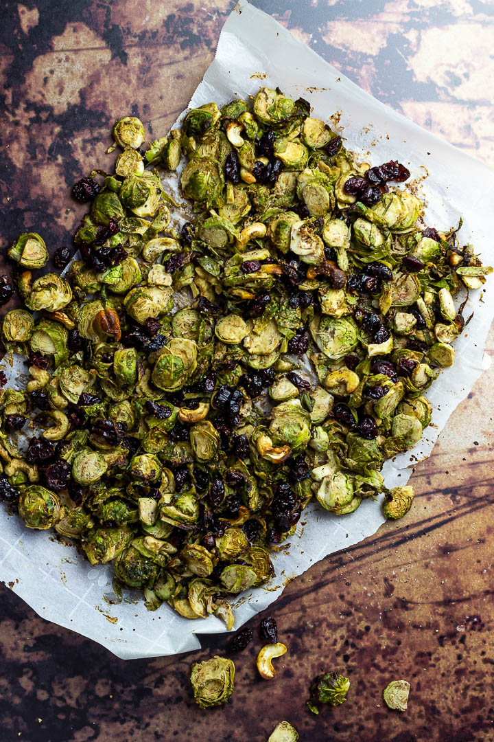 Roasted Vegan Balsamic Tahini Brussel Sprouts with Cranberries (oil-free, gluten-free) perfect thanksgiving side dish.