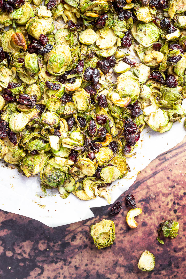 Roasted Vegan Balsamic Tahini Brussel Sprouts with Cranberries (oil-free, gluten-free) perfect thanksgiving side dish.