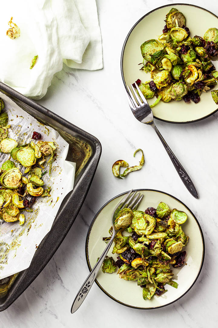 Roasted Vegan Balsamic Tahini Brussel Sprouts with Cranberries (oil-free, gluten-free) perfect thanksgiving side dish.