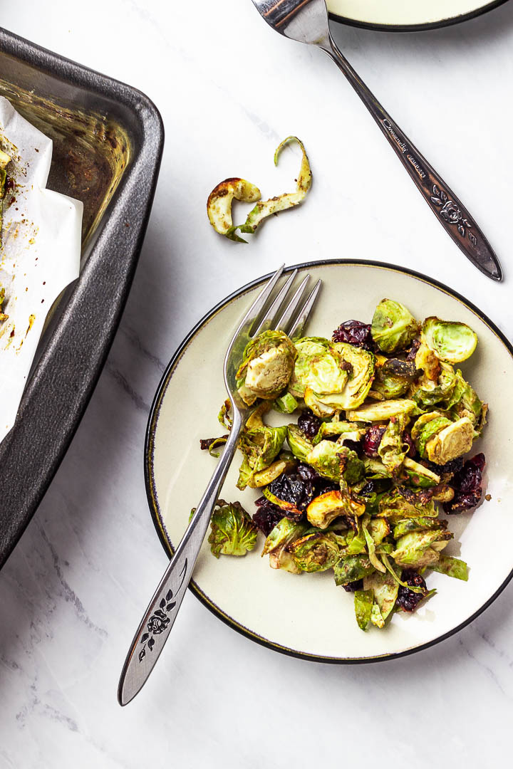 Roasted Vegan Balsamic Tahini Brussel Sprouts with Cranberries (oil-free, gluten-free) perfect thanksgiving side dish.