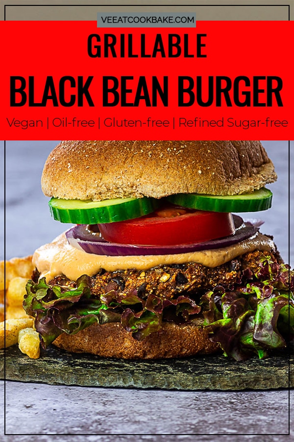 Vegan black Bean Burger with Veggies and a burger sauce without mayo