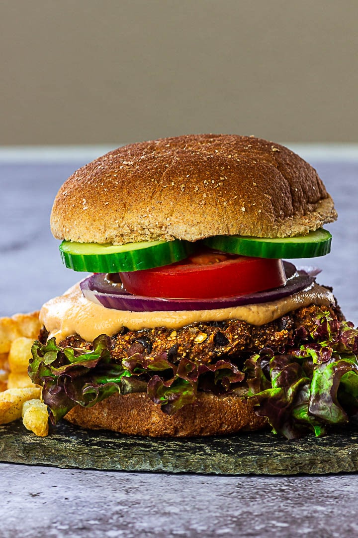 Vegan black Bean Burger with Veggies and a burger sauce without mayo