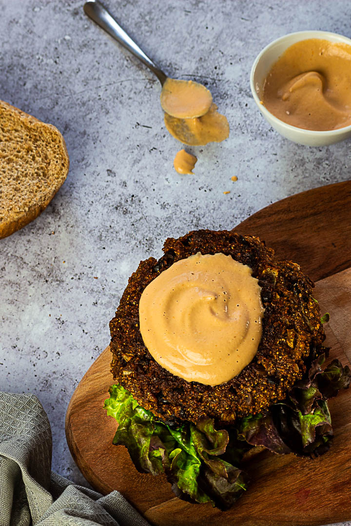 Vegan Burger Sauce on a black Bean Patty