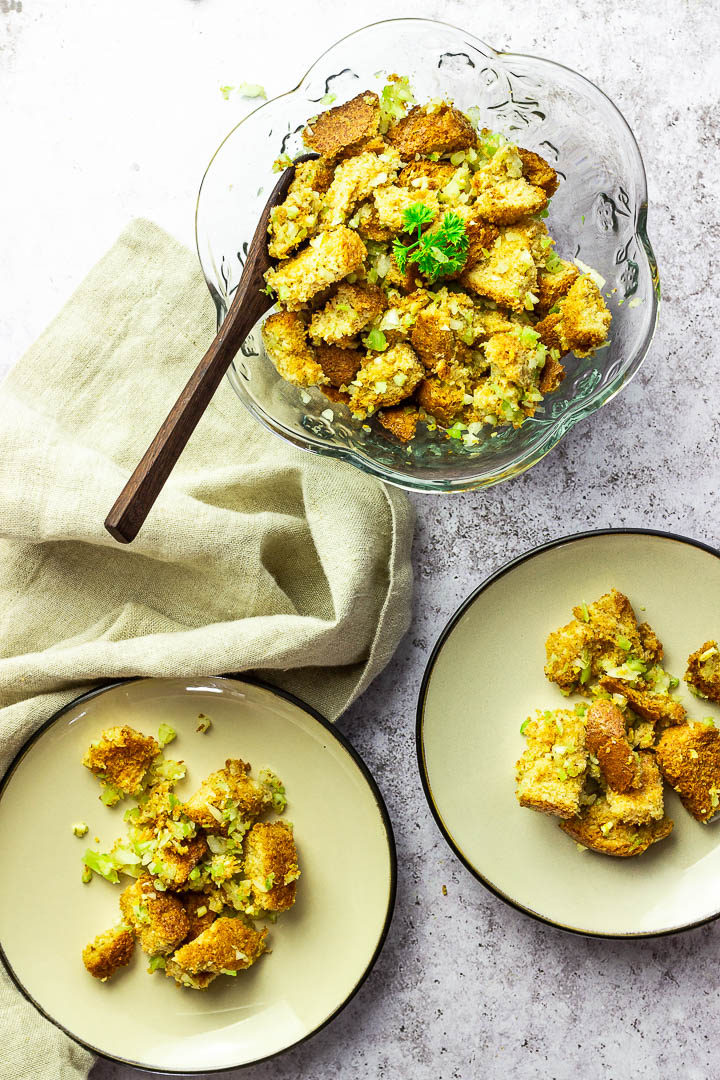 Easy Classic Stuffing made in vegan. With celery, onions, whole grain bread and veggie broth