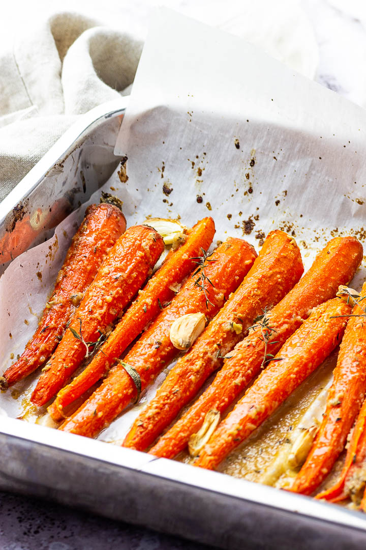 Vegan Maple Glazed Carrots made without oil in a pan.