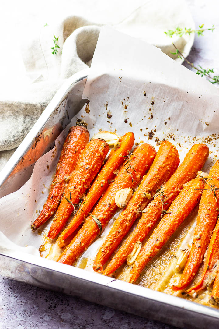 Vegan Maple Glazed Carrots made without oil in a pan.