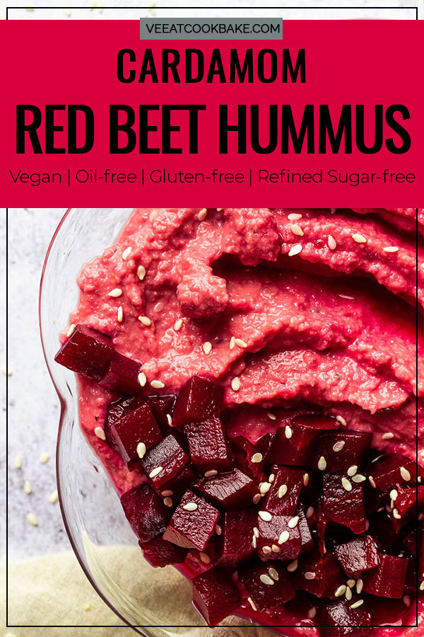 Super creamy cardamom Red Beet Hummus - a oil-free and vegan dip or a gluten-free spread for your toast or sandwich.