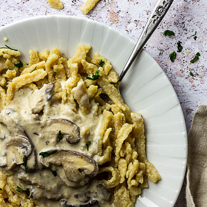 Vegan Mushroom Stroganoff (mushroom ragout) with homemade spätzle (egg noodles)