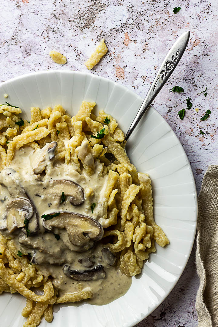 Vegan Mushroom Stroganoff (mushroom ragout) with homemade spätzle (egg noodles)