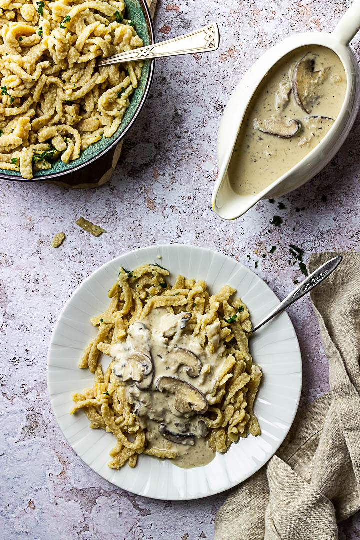 Vegan Mushroom Stroganoff (mushroom ragout) with homemade spätzle (egg noodles)