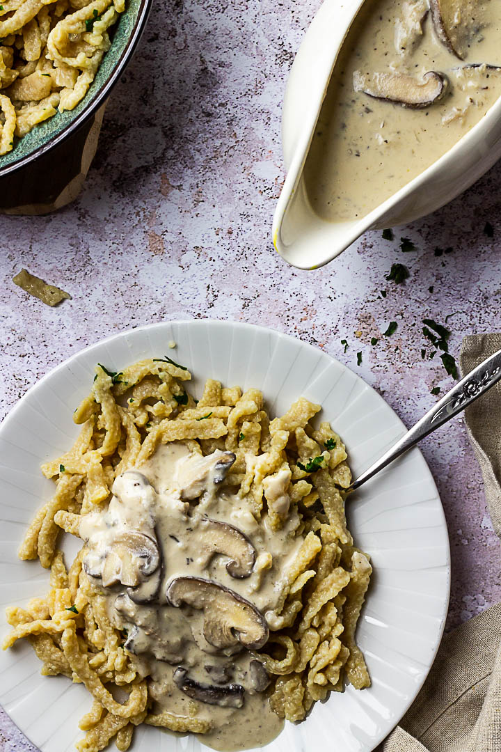 Vegan Mushroom Stroganoff (mushroom ragout) with homemade spätzle (egg noodles)