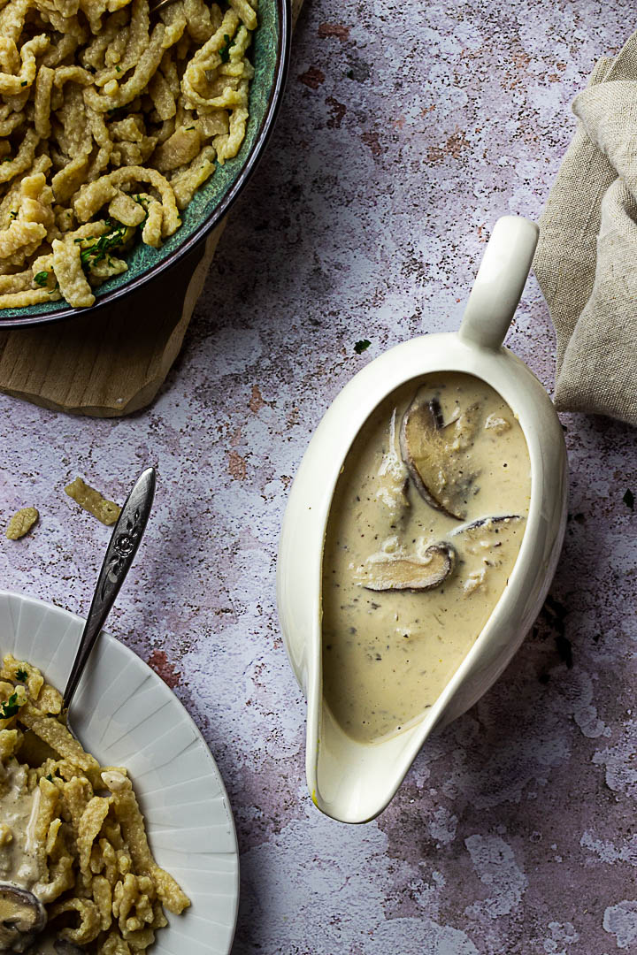 Vegetarian Mushroom Stroganoff (mushroom ragout) with homemade spätzle (egg noodles)