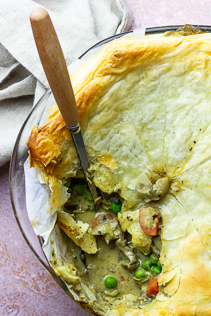 Vegan Chicken Pot Pie covered with Puff Pastry or homemade whole wheat short crust