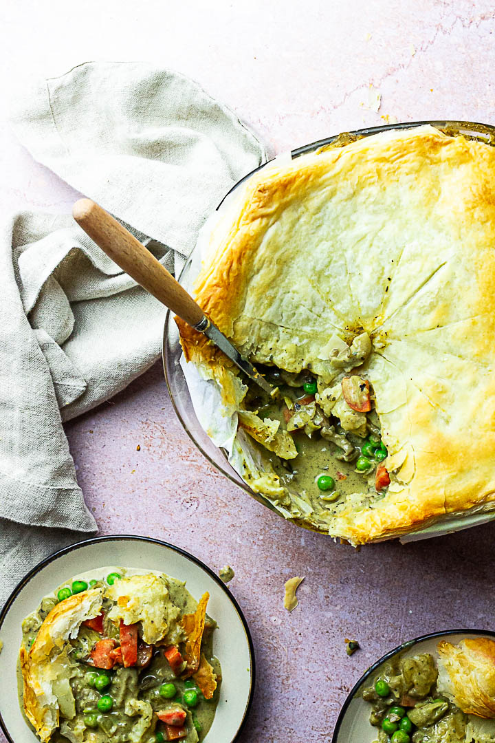 Vegan Chicken Pot Pie covered with Puff Pastry or homemade whole wheat short crust