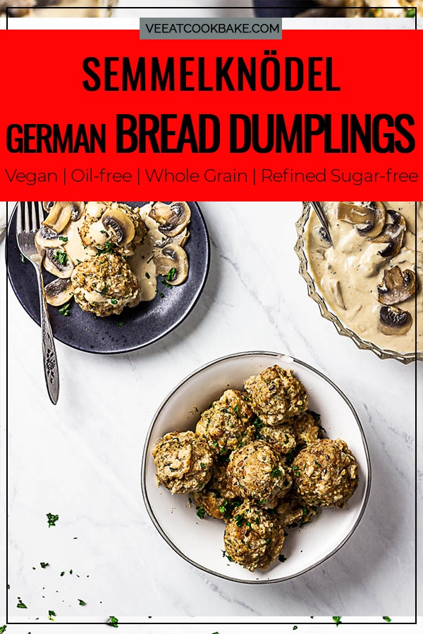 Vegan Semmelknödel are German Bread Dumplings. Presentation in a bowl with some mushroom stroganoff