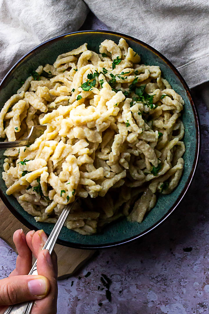 Homemade Vegan Spätzle served in a big bowl