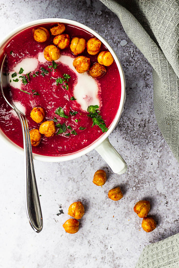 Vegan Ginger Cardamon Red Beet Soup for your next dinner or appetizer.